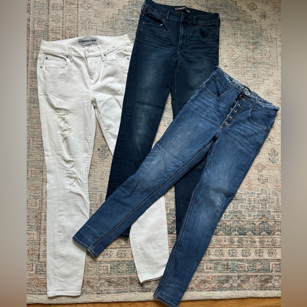 Express 3 pairs Skinny Jeans White distressed dark & light denim Blue Sz 2